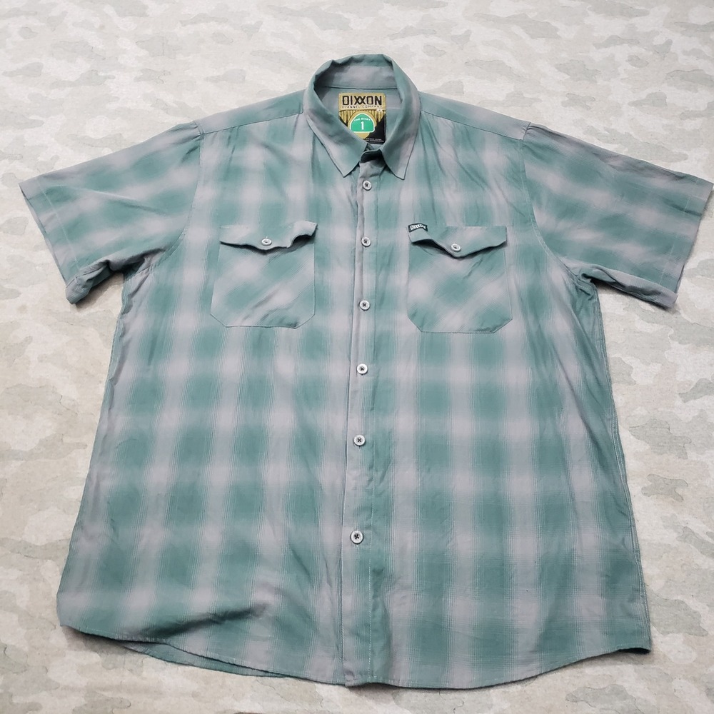 DIXXON Men's Casual Short Sleeve Button-Down Shirt in Teal and Light Gray Plaid